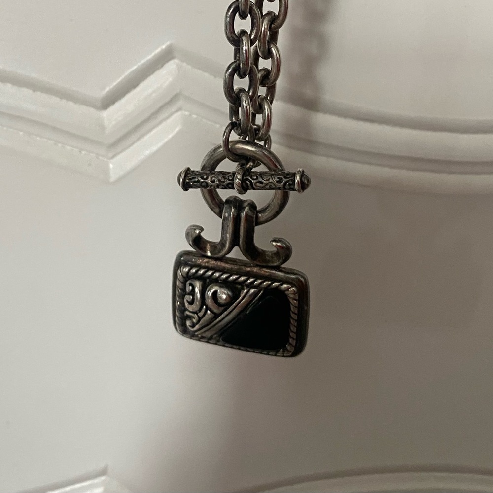 Silver Long Chain Necklace with Black Pendent